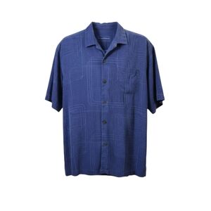 Tommy Bahama Blue Geometric Camp Style Geo Silk Shirt Island Vaca Boho Button L